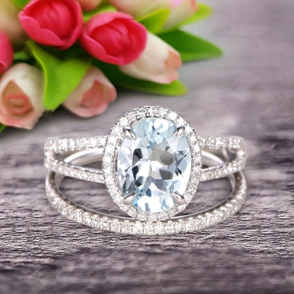 8x6mm Oval Shape Blue Gemstone With Split Shank Halo Design 2.75 Carat Aquamarine Engagement Ring Bridal Set Anniversary Gift On 10k White Gold