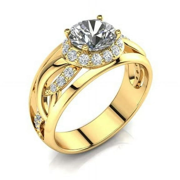 HeartsAndYou 2ct Round Cut Moissanite Engagement Ring for Women 18k Yellow Gold over Silver Halo Unique