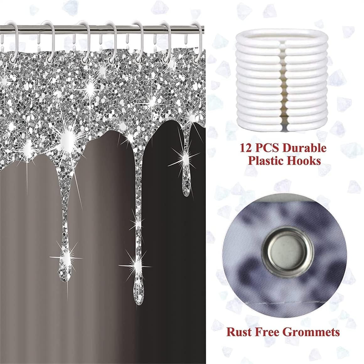 4PCS Bling Diamond Shower Curtain Set with Non-Slip Rugs Toilet Lid Cover and Bath Mat Shower Curtain with 12 Hooks Bathroom Sets with Shower Curtain and Rugs and Accessories