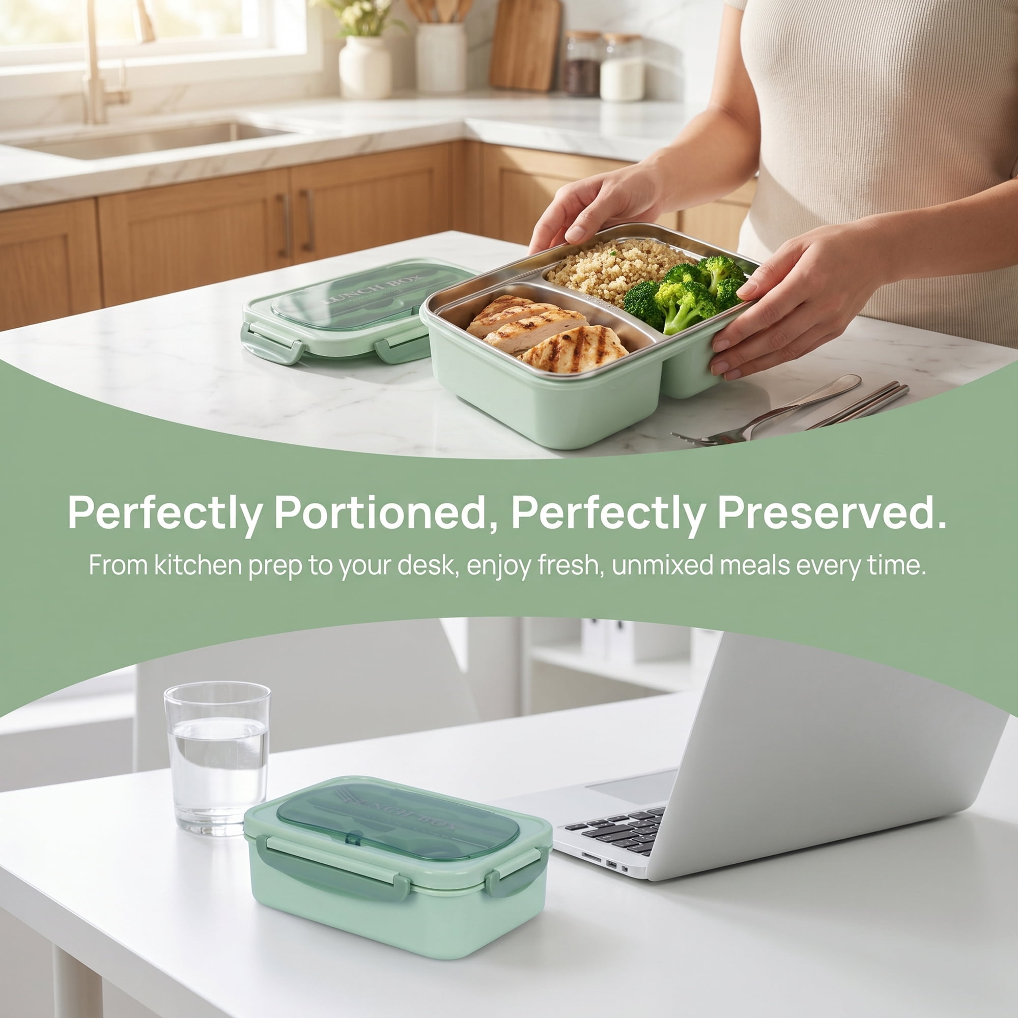 Unique Bargains 3-Compartment Leak-Proof  Lunch Bento Box with Utensils Mint Green-2