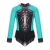 SiiRoh Girls Long Sleeve Gymnastics Leotard Sparkly Color Block Skirted Bodysuit for Dance Skating Blue Green 6
