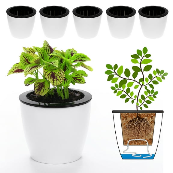6 Pack 6.7" Self Watering Planter Wicking Pots for Indoor Golden Devil's Ivy, African Violet, Ocean Spider Plant, Orchid, White Color