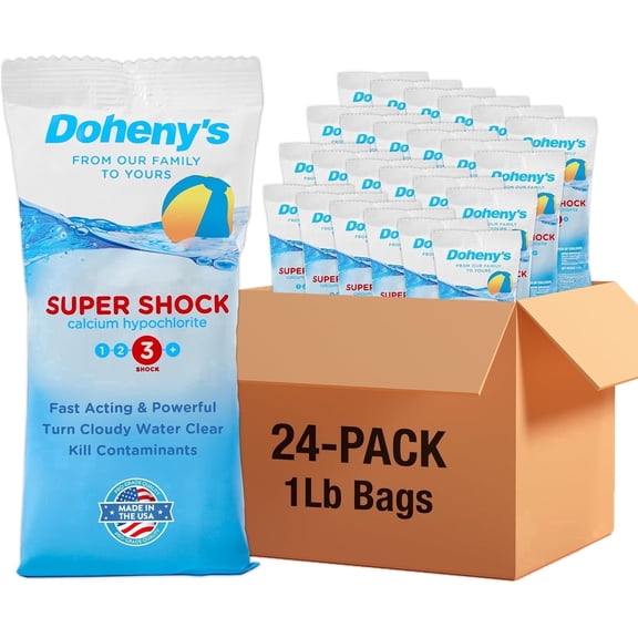 Doheny's Super Pool Shock, Pro-Grade 68% Cal-Hypo Granular Chlorine, Quick-Dissolving, Kills Algae & Bacteria, 24 x 1 lb Bags