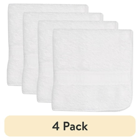 (4 pack) Mainstays Basic Washcloth, Soft 100% Cotton and Highly Absorbent Washcloth, White