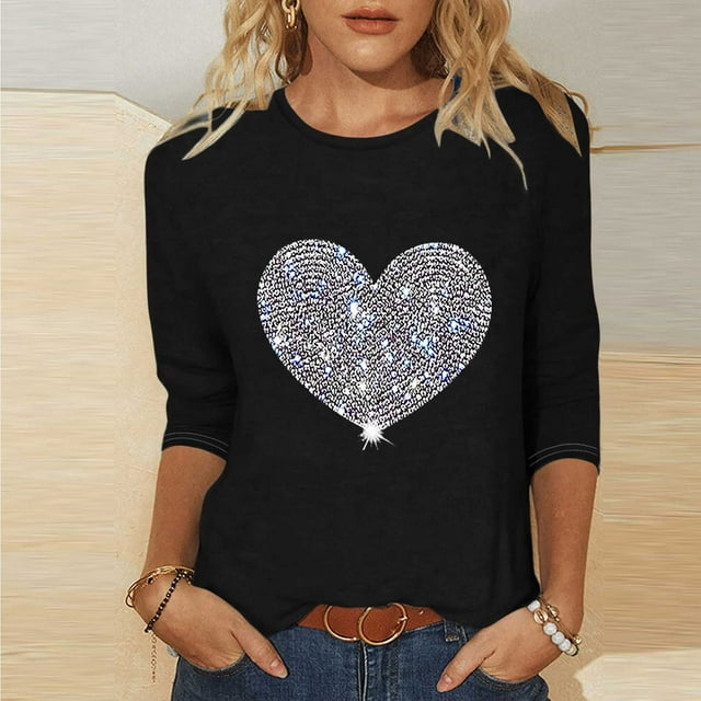 Mefallenssiah Blouses pour Femmes 2024 Mode Féminine T-Shirt Imprimé Manches 3/4 Blouse Col Rond Hauts Décontractés
