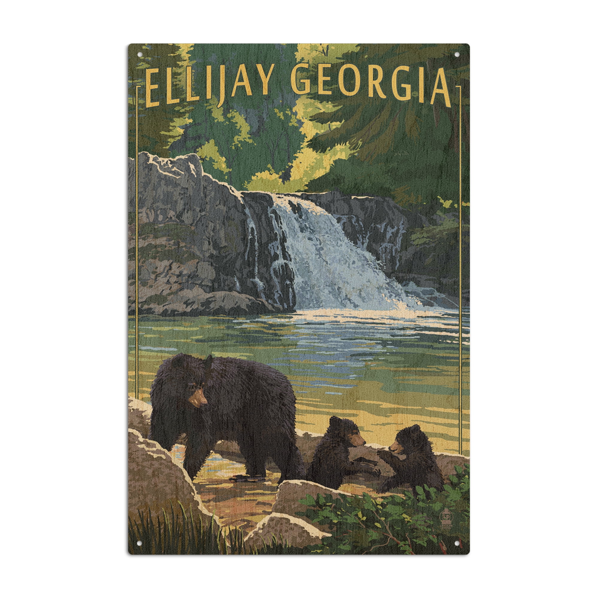 Ellijay, Bear Family and Waterfall Birch Wood Wall Sign (6x9