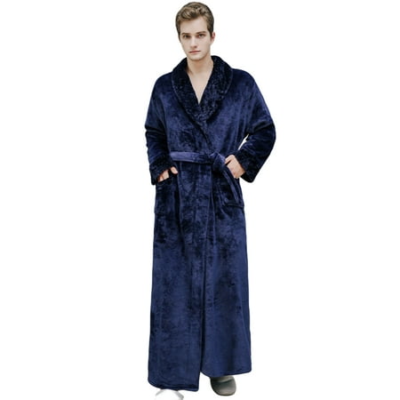 

Mens Long Sleeve Flannel Plush Bathrobe Full Length Long Bathrobe Waffle Plaid Cuff Shawl Collar Bathing Robe Plus Size Heavyweight Winter Warm Pajamas Loungewear Robe S-L Blue
