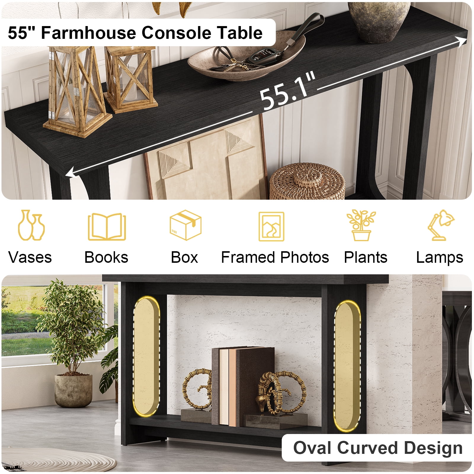 Tarnorci 54.33" Console Table, Narrow Entryway Sofa Table with Storage Shelves, Black