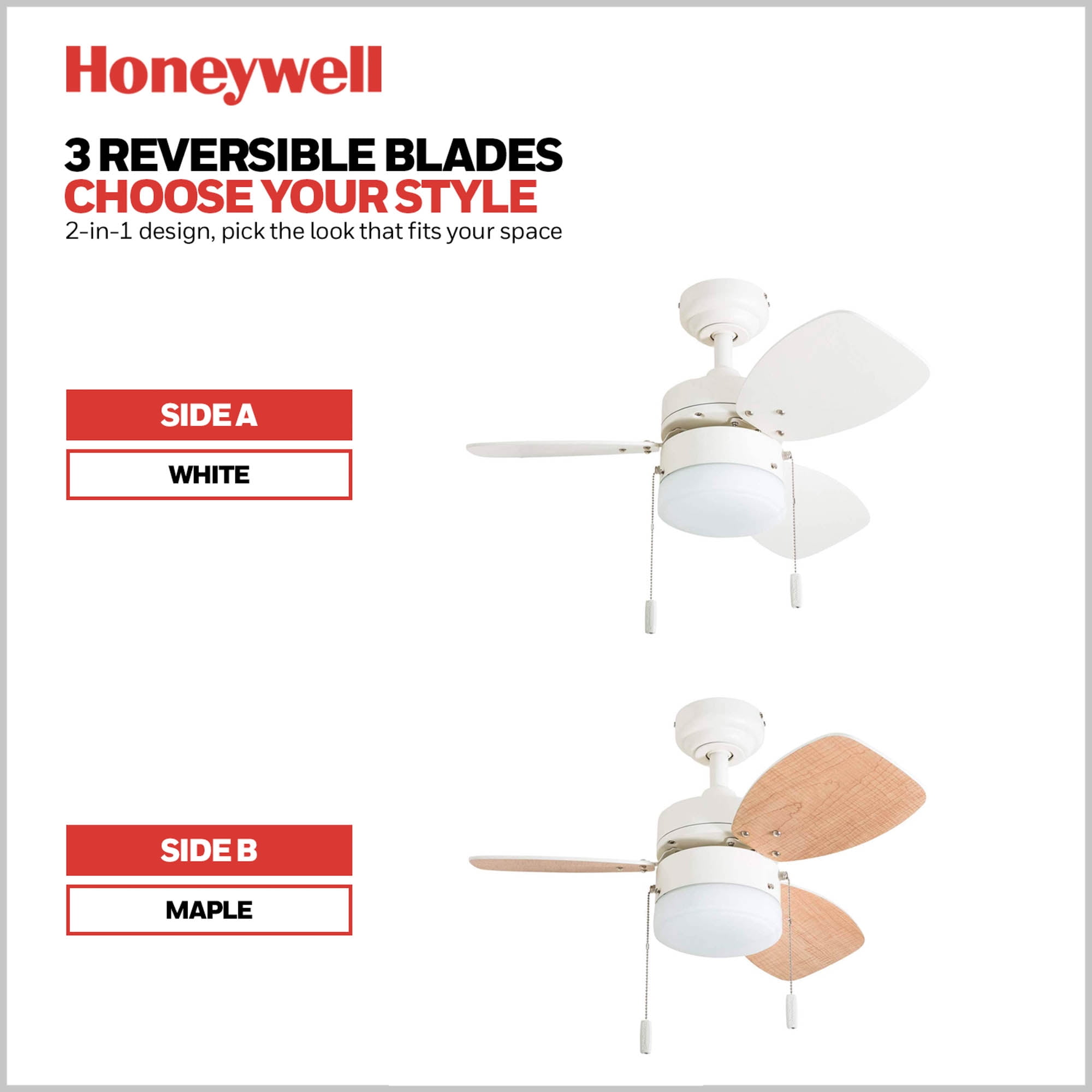 Honeywell Ocean Breeze 30" White Indoor Ceiling Fan with Light, 3 Blades, & Reverse Airflow
