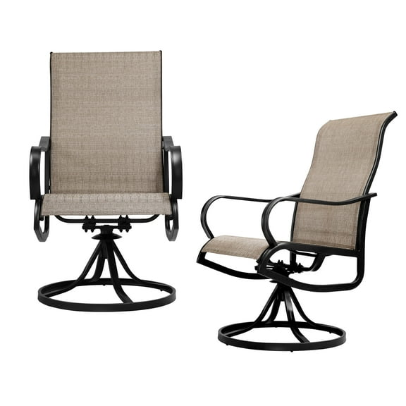 Set of 2 Beige Patio Swivel Chairs, All-Weather Textilene Mesh with Metal Frame, High Back Outdoor Dining Chairs for Deck and Backyard
