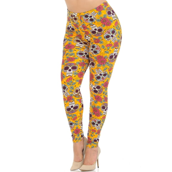 Buttery Soft Mustard Summer Sugar Skull Plus Size Leggings (One Size Plus,Yellow)