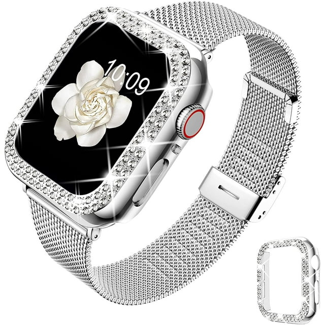 Compatible con Apple Watch Band con estuche, Women Girl Correa de malla de acero inoxidable Thin Silm Narrow Metal Reemplazo de pulsera con cubierta brillante para iWatch SE Series 6 5 4 Adepaton WMZL-1320-3