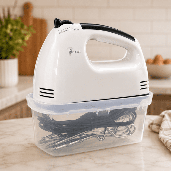 PANCERKA Electric Hand mixer - 7 Adjustable Speed 180W Handheld Mixer Electric Whisk with 5 Stainless Steel Accessories (2 Beaters, 2 Dough Hooks And 1 Whisk), storage box, Turbo Boost/Self-Control S