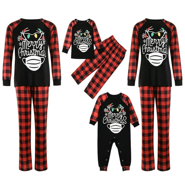 Pyjamas de Noël Assortis pour la Famille, Ensemble de Pyjama à Carreaux avec Pantalon et Cerf