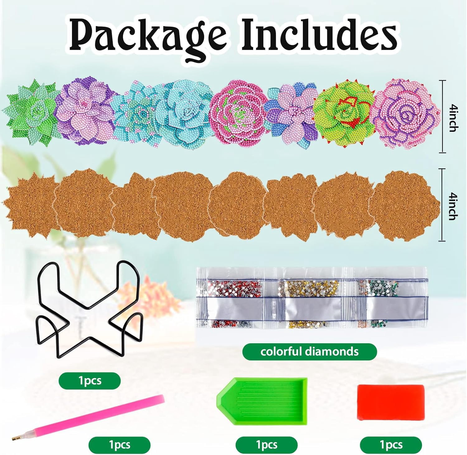 Succulent Diamond Art Coasters, Flower Diamond Painting Coasters Kits with Holder, DIY Plants Coaster Kit with Cork Bases for Adults Art Craft Supplies Gift