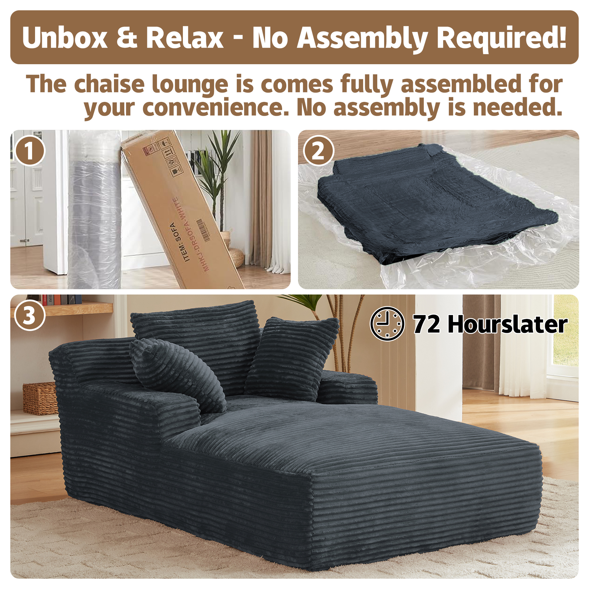 Kosynda Extra-long 79" Chaise Lounge Chair Indoor, Corduroy Upholstered Modern Sofa Couch with Pillows for Living Room, Office, No Assembly Required, Dark Gray
