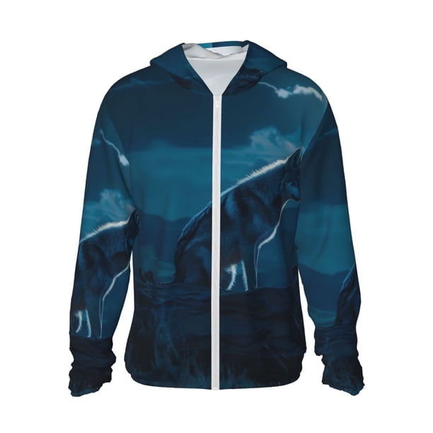 Fotbe Lonely Night Wolf Chaqueta con Protección Solar UPF 50+ para Hombre y Mujer, Camisa con Capucha y Bolsillos-Small
