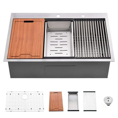 

CLEARANCE! Stainless Steel 30 in 2-Hole Single Bowl Drop-In Workstation Kitchen Sink with Bottom Grid and Basket Strainer