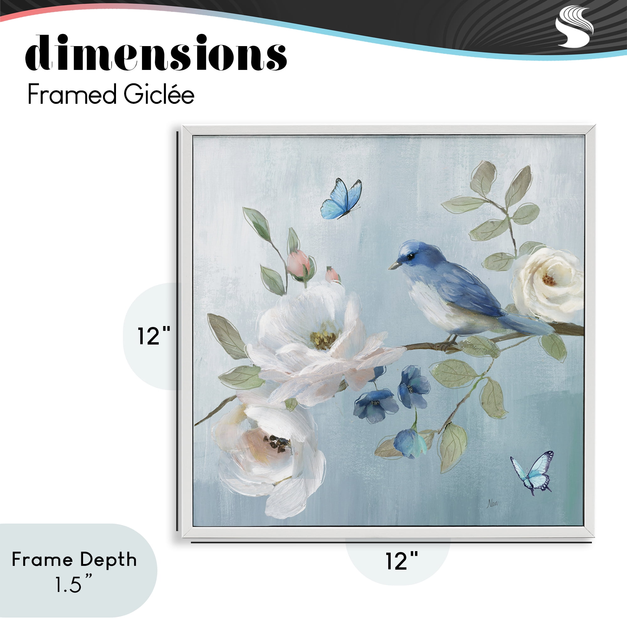 Stupell Industries Pastel Blue Bird Blooms White Framed Giclee Art, design by Nan