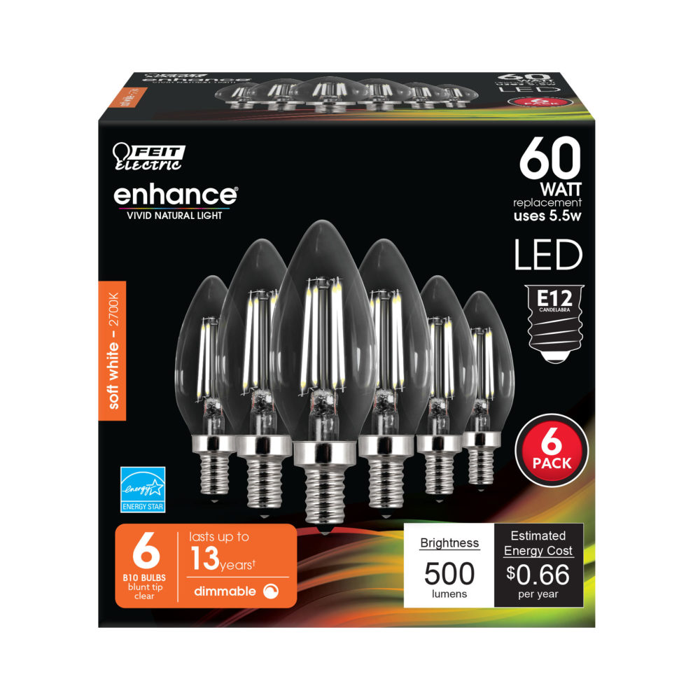 60 W Equivalent Soft White B10 Dimmable Enhance Glass Candelabra Filament LED Light Bulb