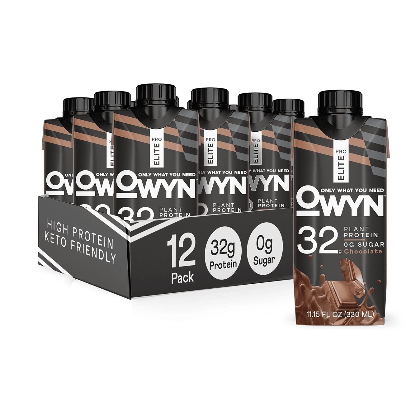 OWYN Pro Elite Plant Based Protein Shake, Nutrition Drink, Chocolate, 32g Protein, 11.15 oz, 12 Pack