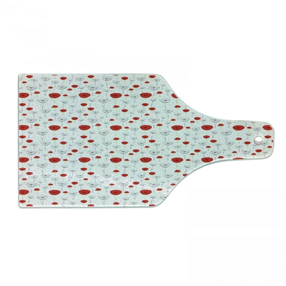 Poppy Flower Cutting Board, Tender Spring Blossoms with Curly Stems Rurals in Modern Design, Tempered Glass Cutting and Serving Board, Wine Bottle Shape, Scarlet Green Pale Grey, by Ambesonne