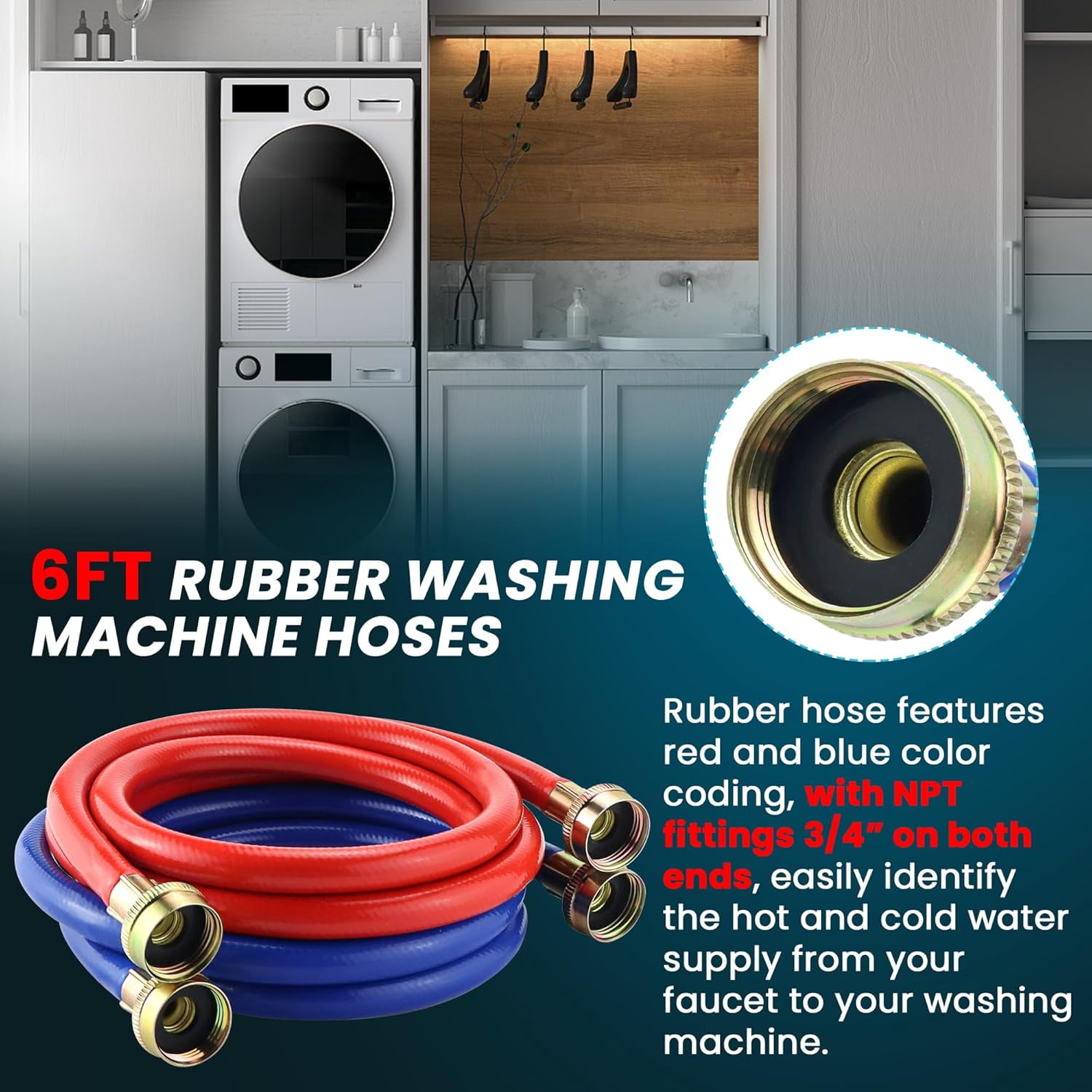 2 PACK 6FT Rubber Washing Machine Hoses Burst Proof Washer Water Hoses for Hot and Cold Water 3/4" Connection Water Supply Lines for ALL WASHERS by Fetechmate - 10 YEAR WARRANTY