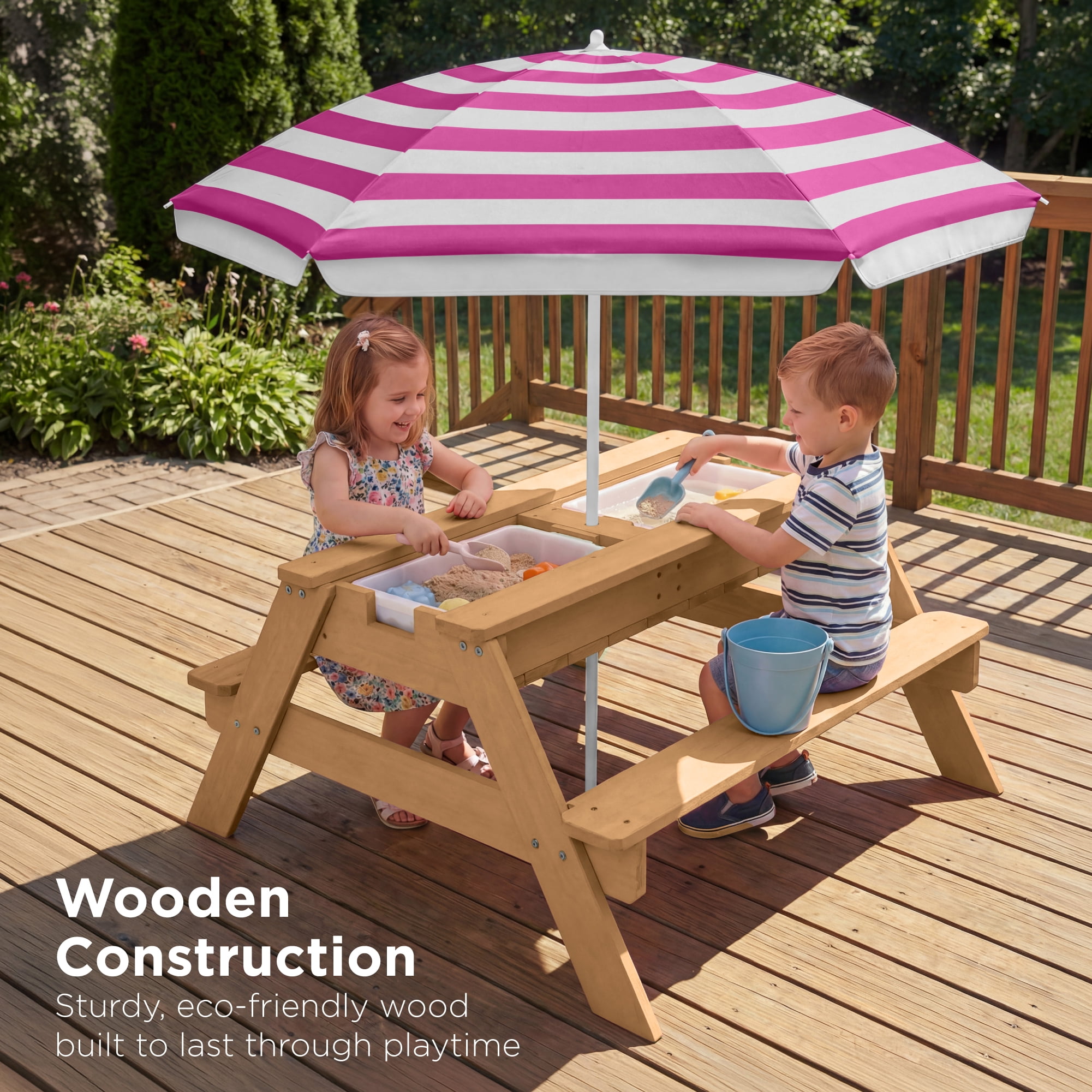 Best Choice Products Kids 3-in-1 Outdoor Sand and Water Activity Picnic Table with Umbrella - Natural/Dark Pink