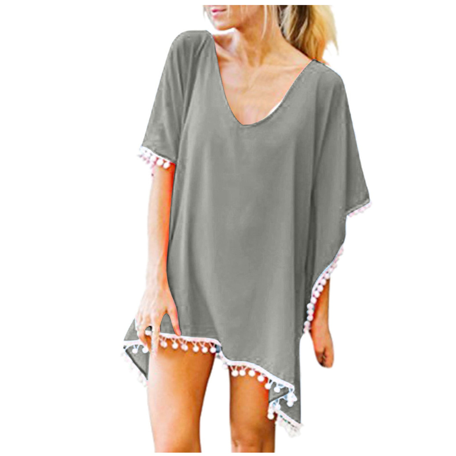Ladies kaftan cover up Beach Pool wear with back strap details and pom poms 