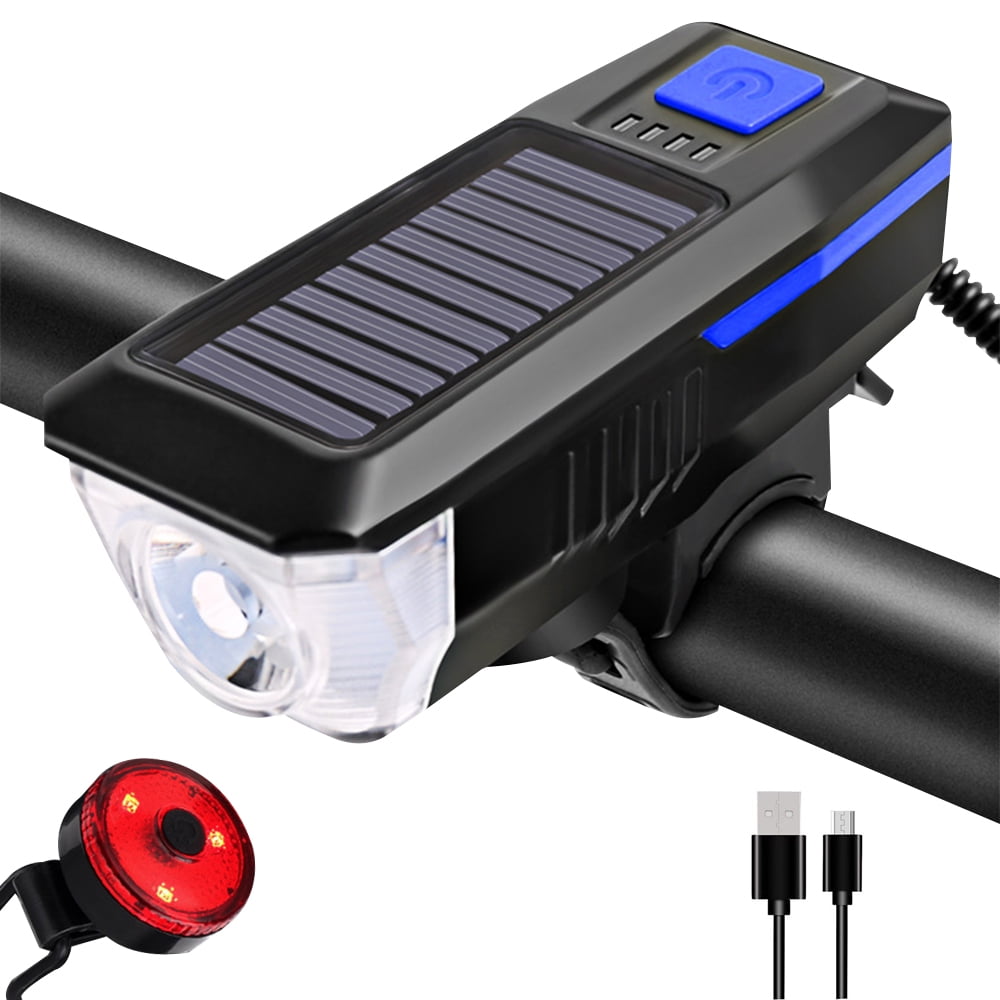 Bike Light Set and Horn Solar Powered USB Rechargeable Bicycle Headlight Taillight Combinations