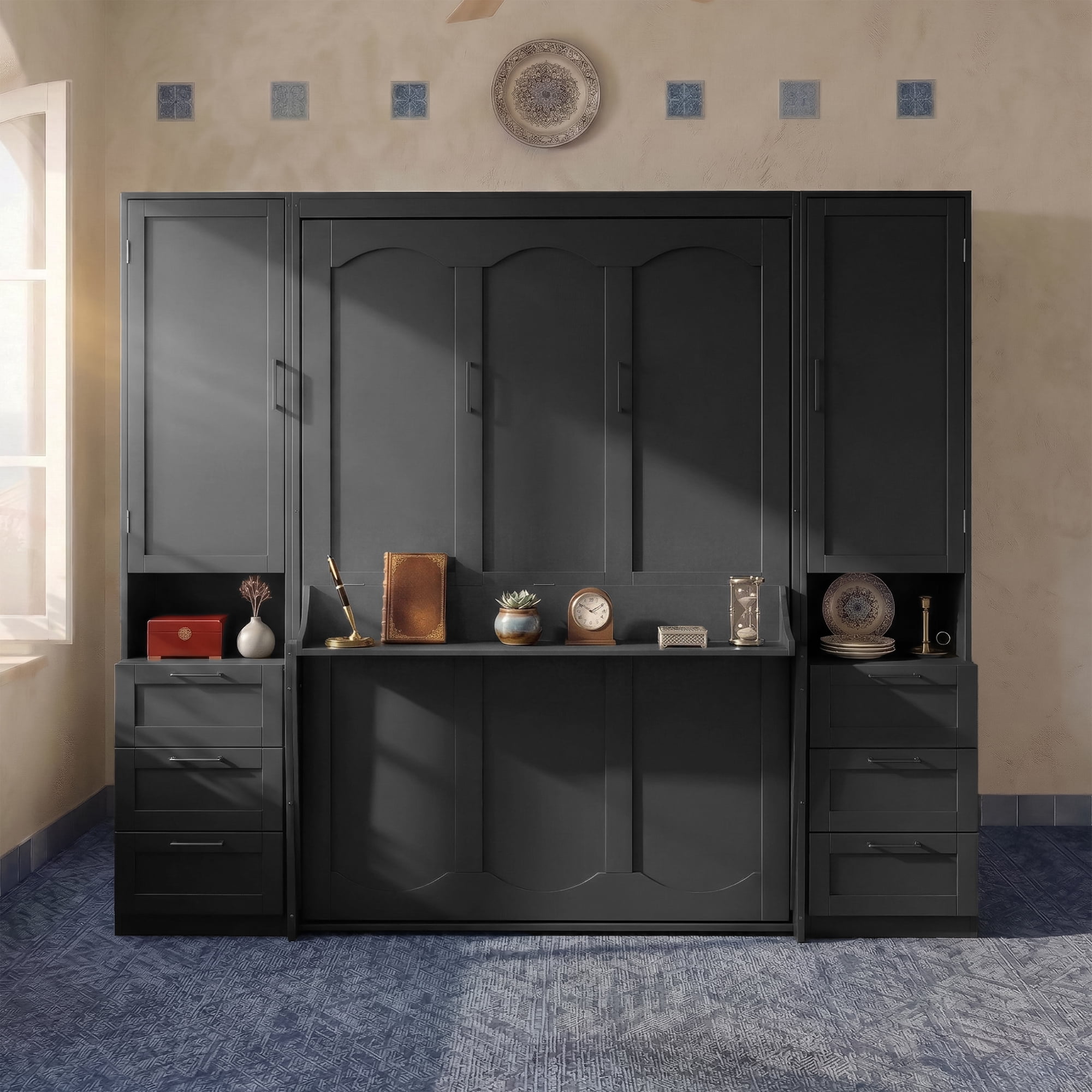 Aukfa Queen Size Murphy Bed with Closet, Desk, Drawers & Shelves, Space-Saving Wall Bed Cabinet for Small Spaces, Studio, Home Office & Guest Room, Black