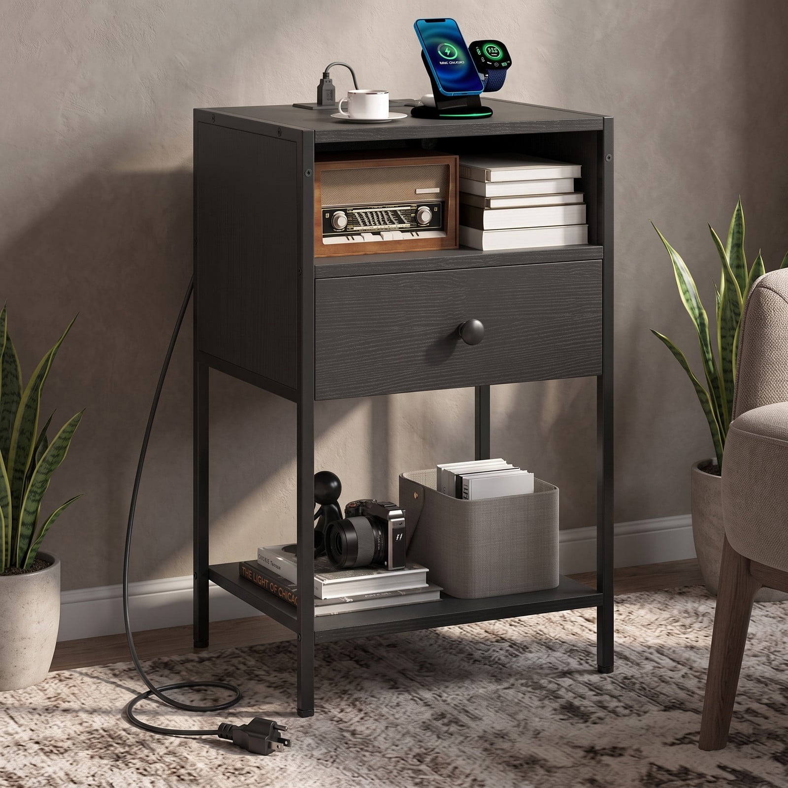 Furnibear Nightstand with Charging Station and USB Type-C Ports plus Drawer and Open Shelf for Bedroom and Living Room, Black
