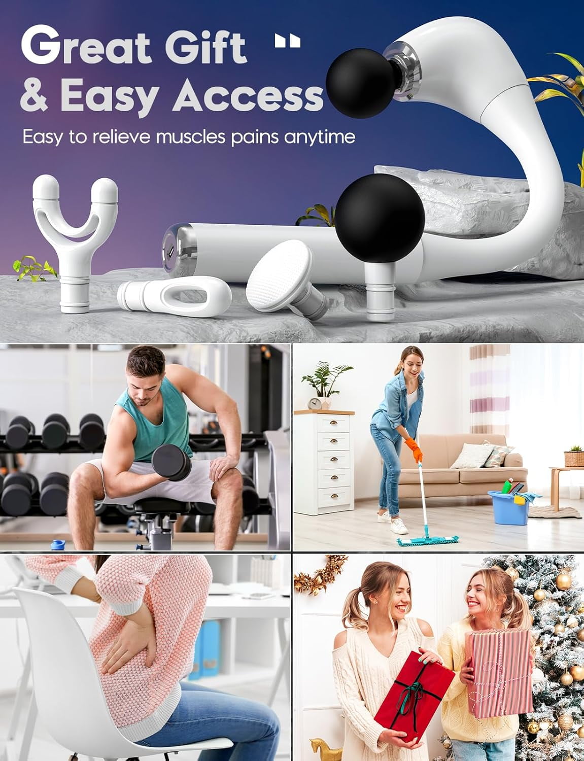 Deep Tissue Massage Gun with Extension Handle 10mm Percussion Muscle Massager for Neck Shoulders Back Legs Portable Pain Relief Device