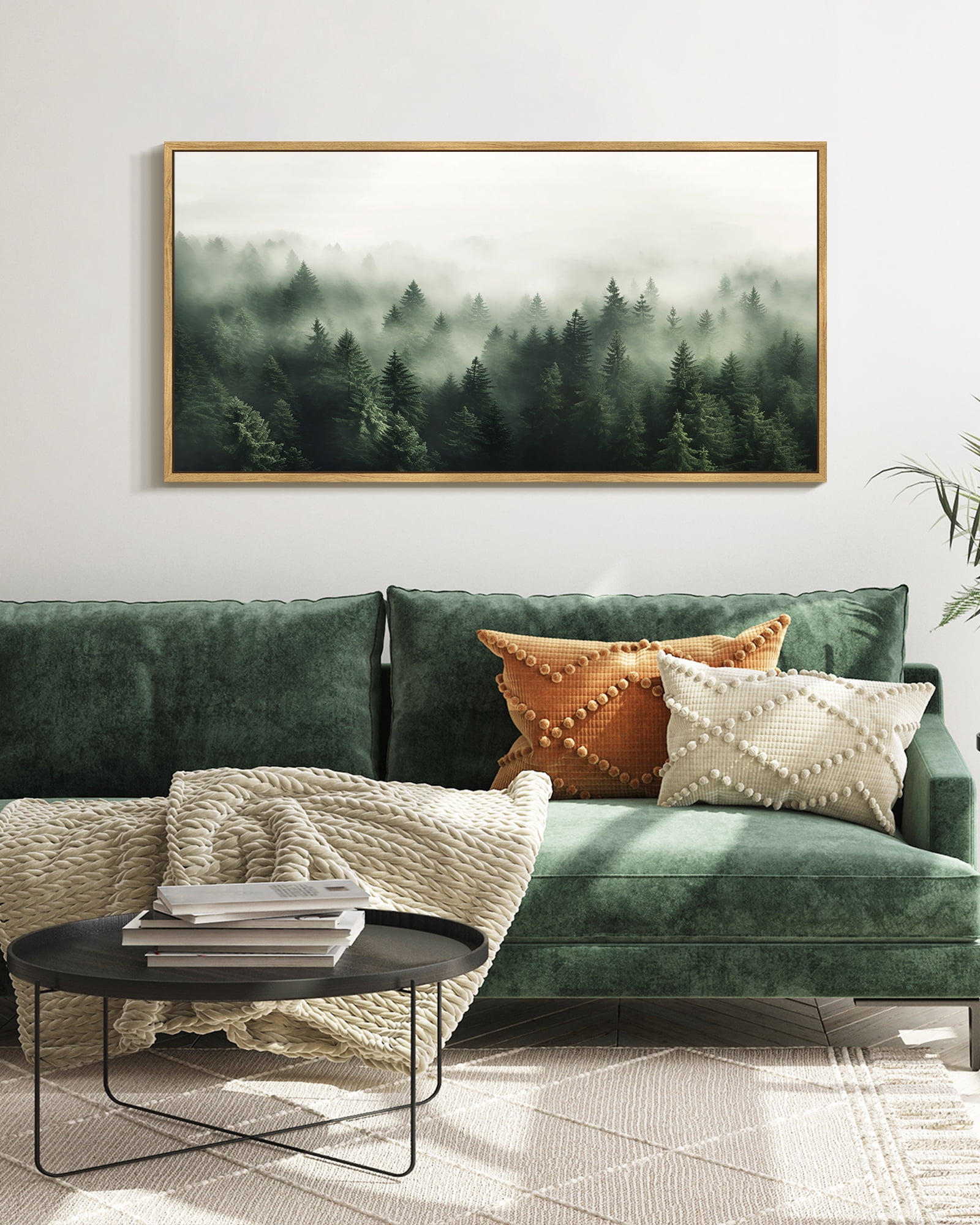 SHENIFY Green Fog Pine Tree Forest Canvas Wall Art Large 20x40in Natural Framed Modern Artwork Prints Decor Hanging Decoration