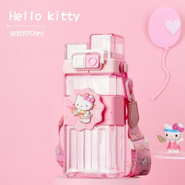 Vaso de agua cuadrado de Hello Kitty para niños, vaso de plástico de verano para mujer, vaso doble para beber con gran capacidad y color, con ventosa para estudiantes