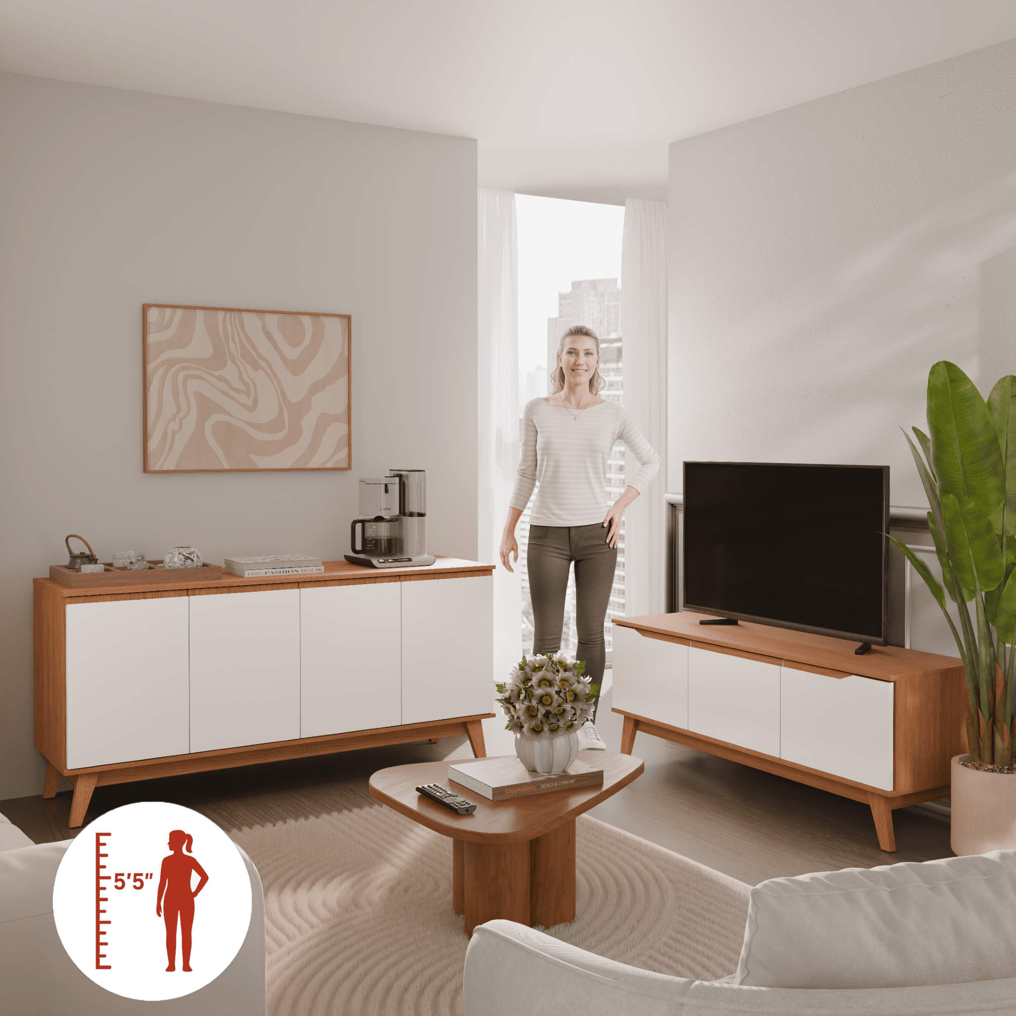 Kappesberg Living Room Furniture Set with 3-Door TV Stand and 4-Door Sideboard Golden Oak/White – Modern Storage Combo