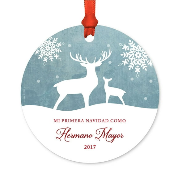 Spanish Family Metal Christmas Ornament, Mi Primera Navidad Como Hermano Mayor 2017, Includes Ribbon and Gift Bag