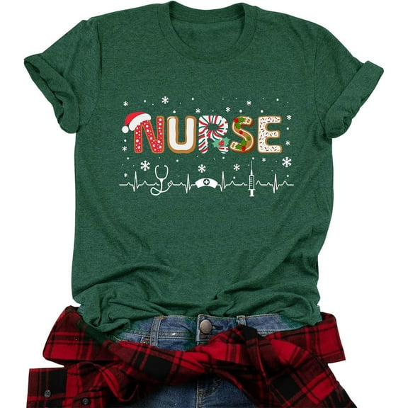 IWRICH Santa's Favorite Women's Christmas Nurse T-Shirts Graphic Xmas Gifts Holiday Blouse Tops Dark Green XL
