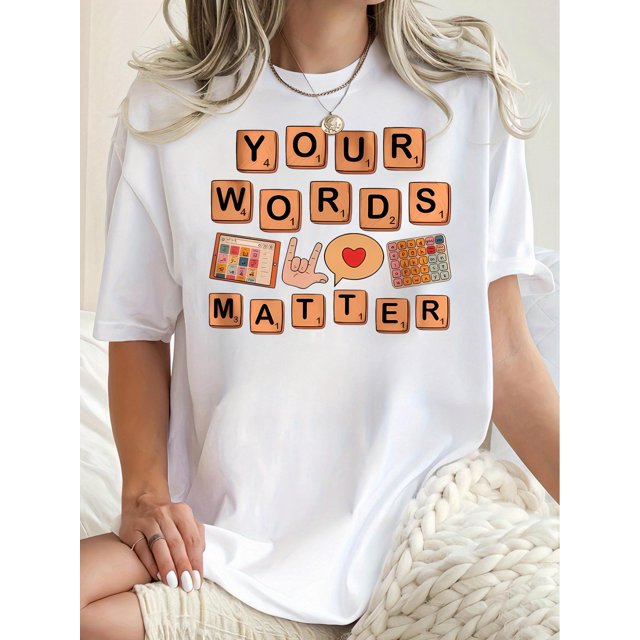 Camiseta de verano para mujer manga corta, cómoda, para vacaciones y oficina1pc Women'S Casual Crew Neck T-Shirt with "Your Words Matter" Geometric Print, Polyester Knit Fabric, Medium Stretch, All-