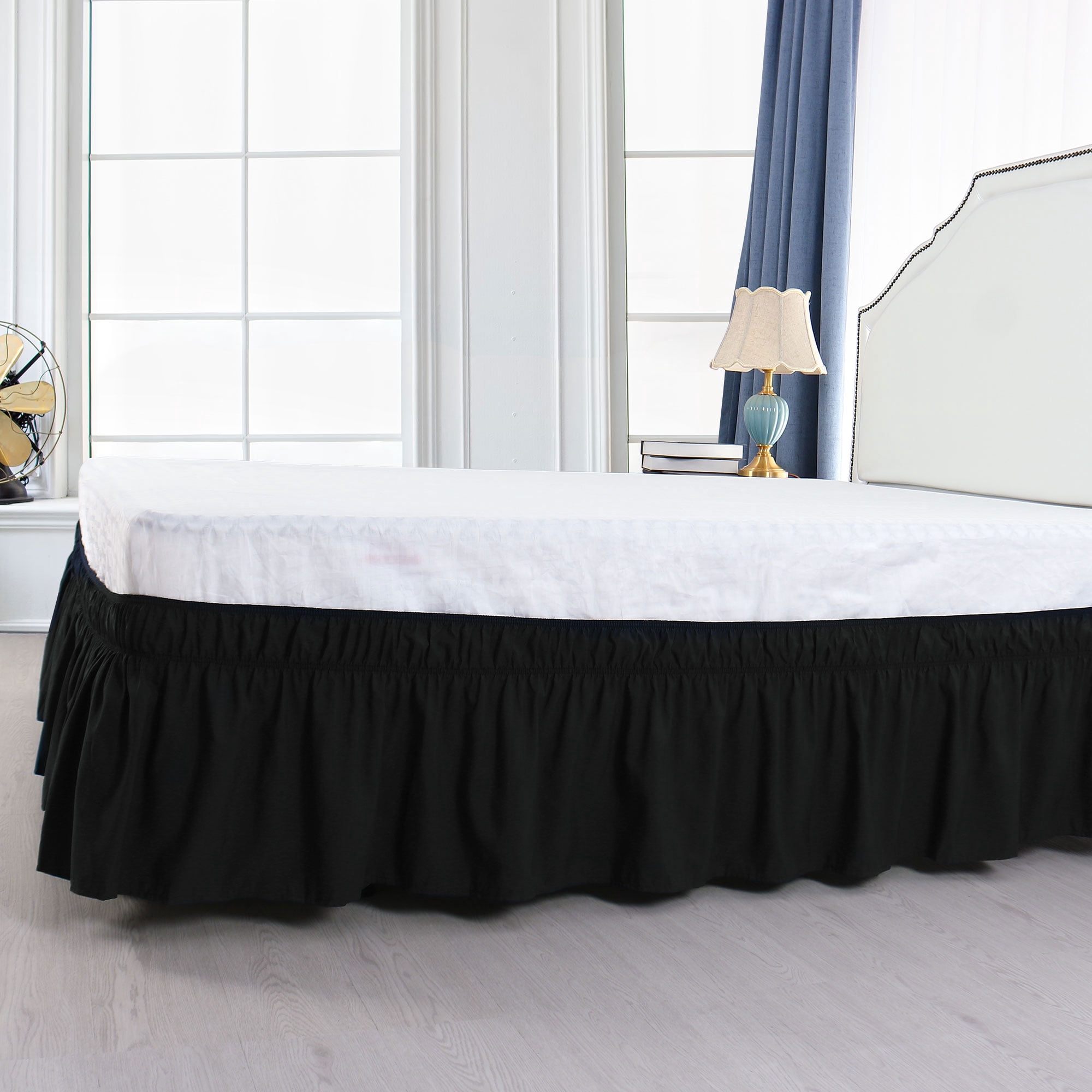 REGALWOVEN Bed Skirt Polyester Elastic Wrap Around Dust Ruffle, Queen Black