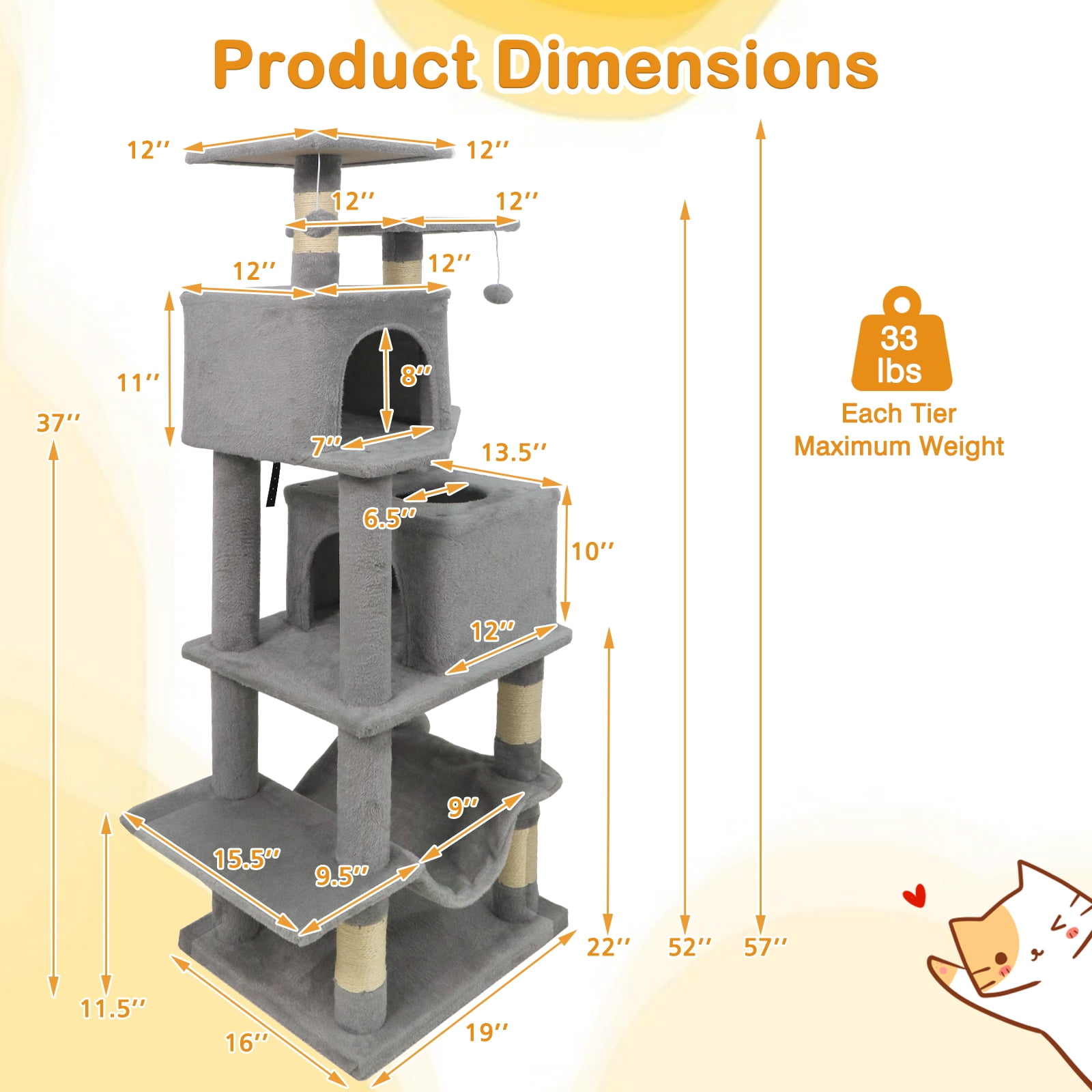 Gymax 57'' Cat Tree for Indoor Cats w/ Dual Condos Hammock Sisal Scratching Posts