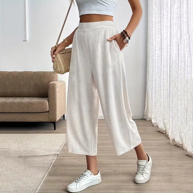 TaTaai Women's Plus Size Friendly Solid Wide Leg Pants Elastic Waist Casual Long Trousers with Pockets Breathable Soft All Match Daily Commute Bottoms Gift