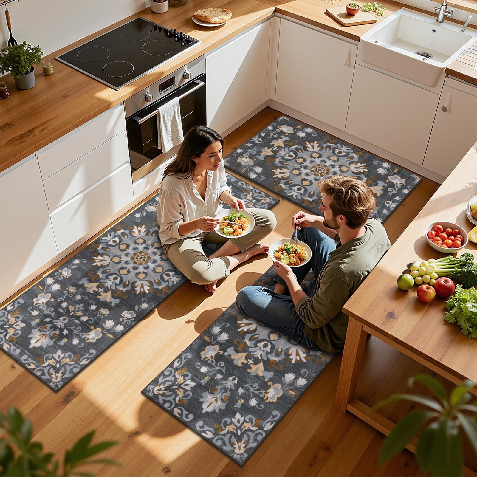 Findosom 3pcs Washable Kitchen Rug Set,Non-Slip Floral Boho Kitchen Mats Kitchen Runner Rug Floor Carpet for Hardwood Floor,Sink,Entryway,Bathroom,Home Decor,20"x32"+20"x48"+20"x59"