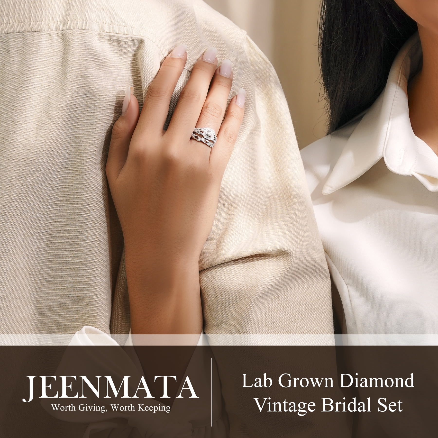 JeenMata Round Cut Lab Grown Diamond - Art Deco Style - Wedding Ring Set in 18K White Gold Plating for Women