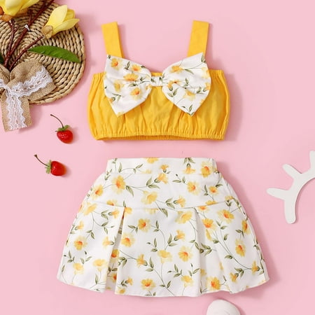 

AURIGATE Clearance! Toddler Kids Baby Girls Summer Cute Bow Sling Top Print Skirt Clothes Suit