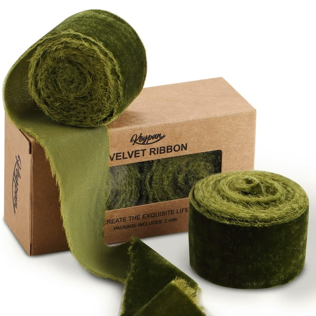 Cinta de terciopelo Ribbon Keypan, color verde oliva, 1,5 cm x 4 m, 2 rollos