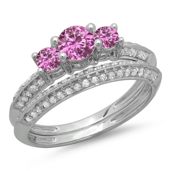 Divine Creation 1.30 Ct Round Cut Pink Sapphire & Diamond Wedding Three Stone Bridal Ring Set 14K White Gold Plated 925 Sterling Silver For Women's -7