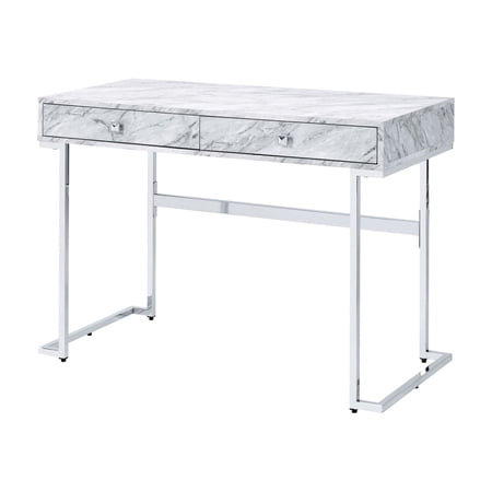 White Faux Marble Writing Desk | Sleek Design for Any Workspace | Crafted with Metal and Composite Wood | Ample Storage for Essentials