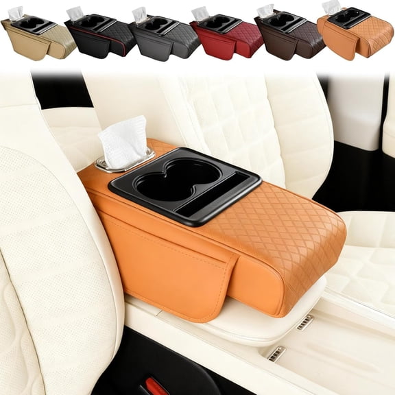 2026 New Multifunctional PU Leather Car Armrest Box Mat, Integrated 5-in-1 Armrest Cover with Cup Holder, Tissue Box & Phone Slot Universal Waterproof Car Center Console Organizer (#A)