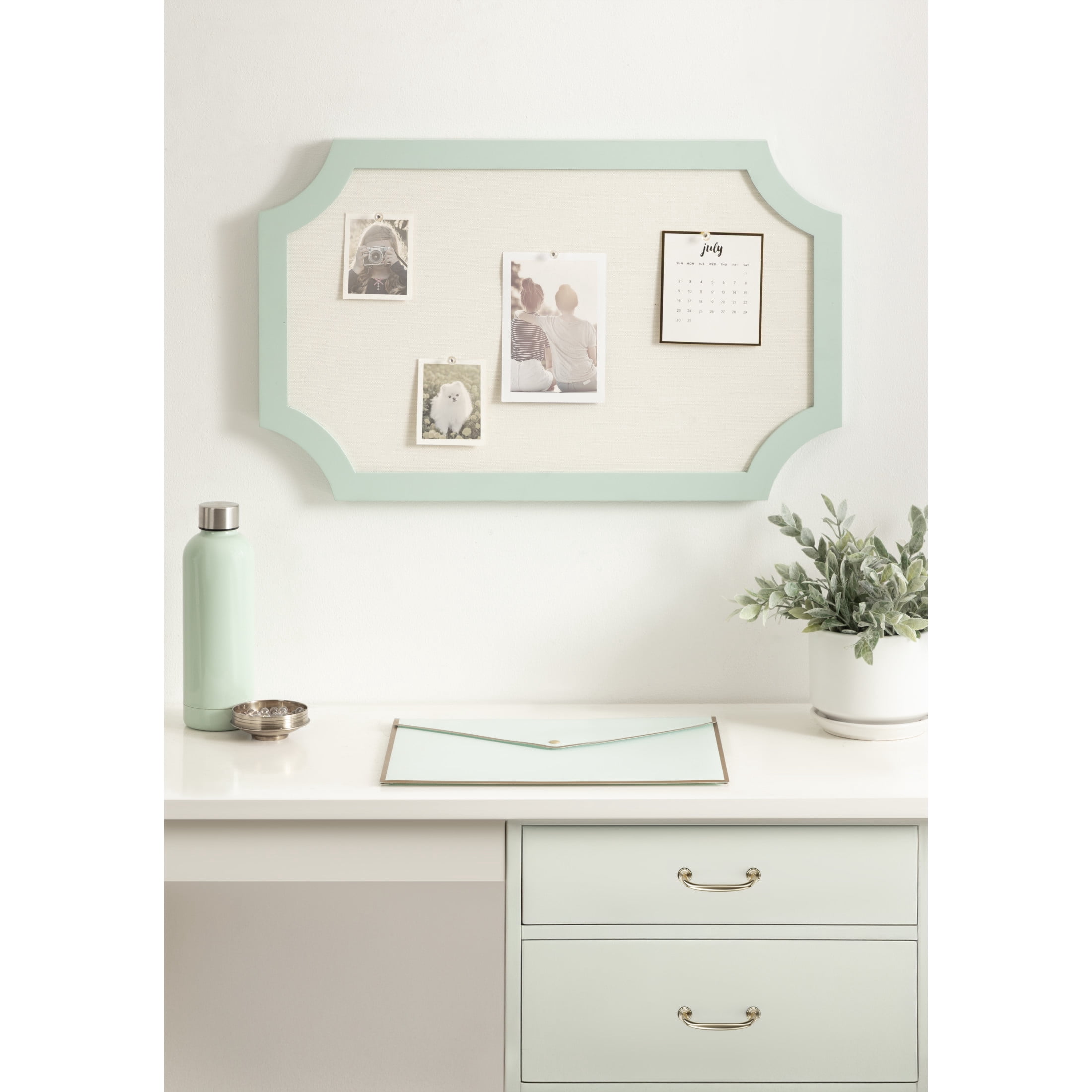 Kate and Laurel Holbrook Modern Framed Scallop Fabric Pinboard, 15 x 24, Green, Transitional Scalloped Bulletin Board for Use as Vision Board or Wall Organization